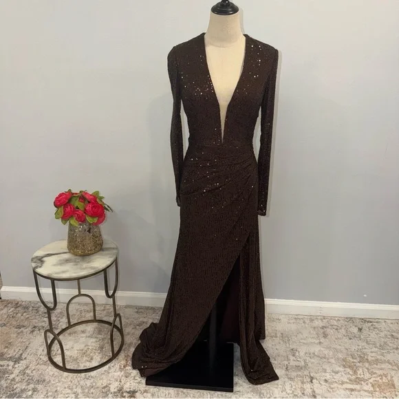 IEENA Mac Duggal Chocolate Brown Sequins Embellished Long Sleeve High Slit Gown